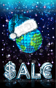 Merry Christmas sale banner with Earth in Claus hat - vector clipart