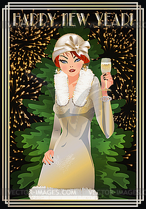 Happy New year wallpaper with flapper girl, xmas tree i - vector clipart
