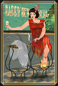 New year card with flapper girl in art deco style - vector clipart