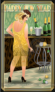 New year card in art deco style, flapper girl - vector clipart