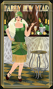 New year card with flapper girl and champagne, vector  - vector image