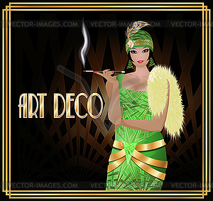 Beautiful woman with cigarette holder in style art deco - vector clip art