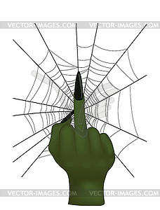 Female Witch middle finger hand and spider web, vector  - vector clip art