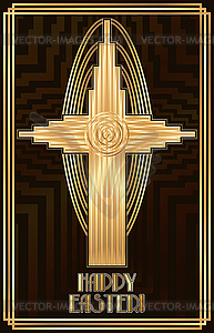 Happy Easter art deco vip card golden catholic cross - vector clipart