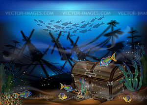 Underwater background sunken ship and chest box. vector - vector clip art