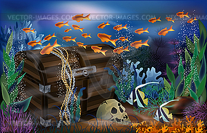 Underwater wallpaper with treasure chest box and skull. - vector clipart