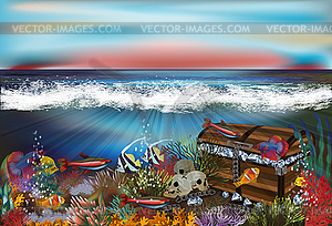 Underwater background with treasure chest diamonds - vector image