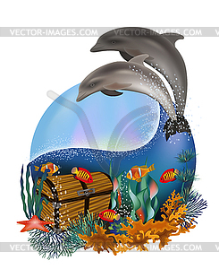 Underwater card with dolphins and diamonds chest box .  - vector clipart