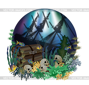 Underwater card with sunken ship and treasure chest box - vector image