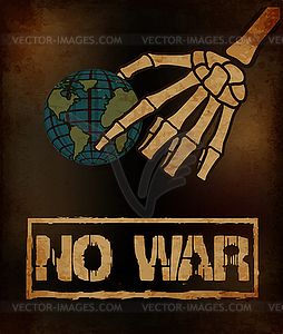 No War poster card, skeleton hand holding Earth, vector - vector clipart