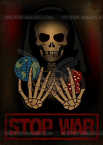 Stop war wallpaper, skeleton holding dice and earth - vector clipart