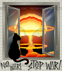 Stop War background with nuclear explosion and cat - stock vector clipart