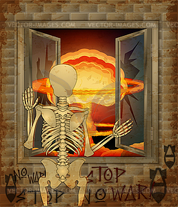 No War background, human skeleton and nuclear explosion - color vector clipart