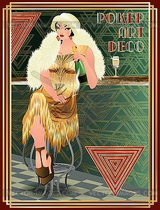 Hearts poker card with fashion woman art deco style, ve - vector clipart