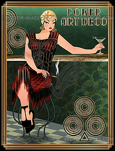 Clubs poker card with brunette woman art deco style - vector clipart