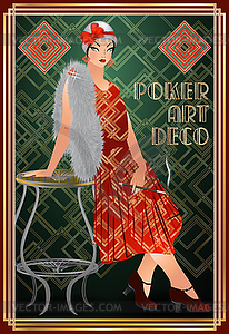 Покерная карта казино Diamonds с девушкой в стиле ар-деко, - векторное изображение клипарта