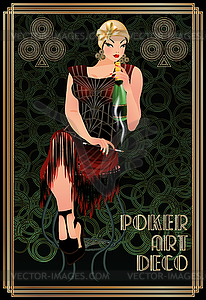 Clubs casino poker card with woman art deco style - vector clip art