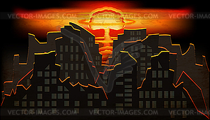 Stop War banner with nuclear explosion in city . vector - vector image