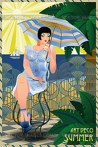 Summer Flapper woman with umbrella, art deco, vector  - vector image