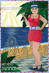 Summertime flapper woman, art deco background, vector  - vector clipart