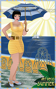 Summertime flapper girl, art deco wallpaper, vector - vector image