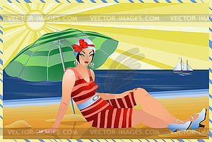 Summertime flapper woman in beach, art deco card - vector clipart