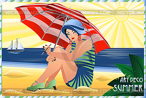 Summer flapper girl in beach, art deco card, vector - vector clip art