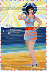 Summer art deco girl on the beach , vector illustration - vector clip art