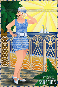 Summertime flapper woman, art deco background, vector  - vector clipart