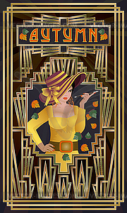 Девушка осенних сезонов, открытка в стиле ар-деко, векторная иллюстрация - векторная иллюстрация