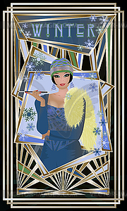 Девушка зимних сезонов, открытка в стиле ар-деко, векторная иллюстрация - векторизованное изображение клипарта
