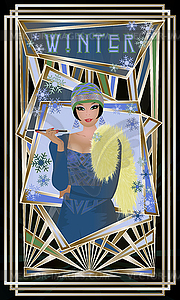 Winter seasons girl, Art deco card, vector illustratio - vector clip art