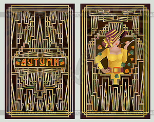 Autumn seasons woman, Art deco invitation card, vector  - vector clip art