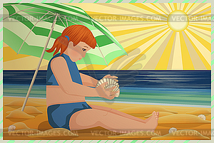 Summer invitation card, little girl is playing with she - vector clipart
