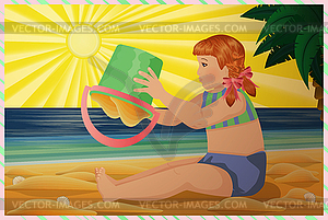 Summer wallpaper, little girl playing on the beach - vector clipart / vector image