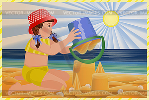 Summer background, little girl building sand castles  - vector clipart