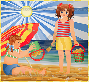 Summer card, two little girls on the beach. vector  - vector clipart