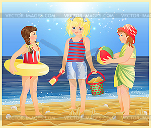 Summer background. Three little girls are playing on th - vector clipart