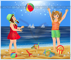 Летняя открытка. Милые маленькие девочки играют в мяч на маяке - изображение в векторе / векторный клипарт