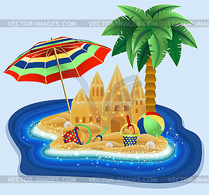 Summer tropical island with sand castles and children  - vector clipart