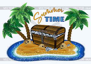 Summer time card with tropical island and treasure diam - royalty-free vector clipart