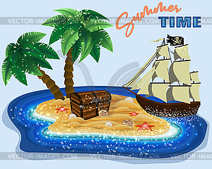 Summer time backgrund, tropical island with treasure - vector clipart