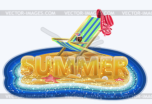 Summer time card with lounger in island, vector illustr - vector clipart