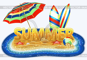 Summer tropical island with surfboards on the beach - vector image