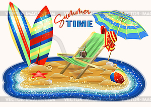 Summer time card tropical island with surfboard  - vector clip art