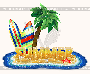 Summer tropical island with palm and surfboards  - vector clipart