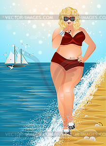 Plus size beautiful woman on the beach, summer time, - vector clip art