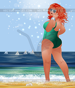 Плюс размер рыжеволосой женщины на пляже, вектор  - иллюстрация в векторе