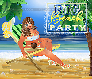 Big beach party invitation card. Plus size sexy woman,  - vector clipart