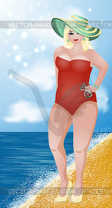 Plus size beautiful woman on the beach, summer time - vector clip art